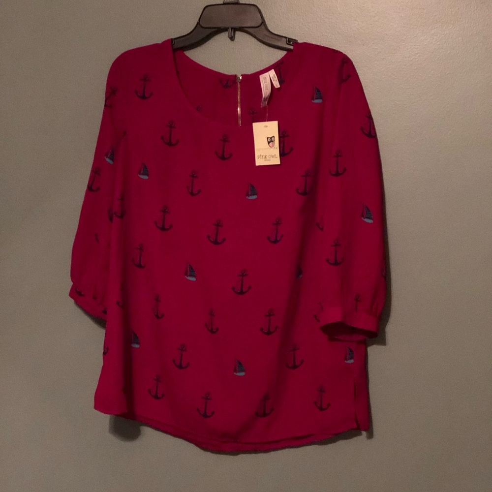 Pink Owl Blouse with Anchor/Sailboat design SZ L